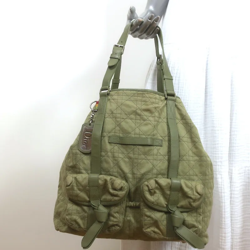 Christian Dior Cannage Quilted Canvas Tote Army Green Large Shoulder Bag