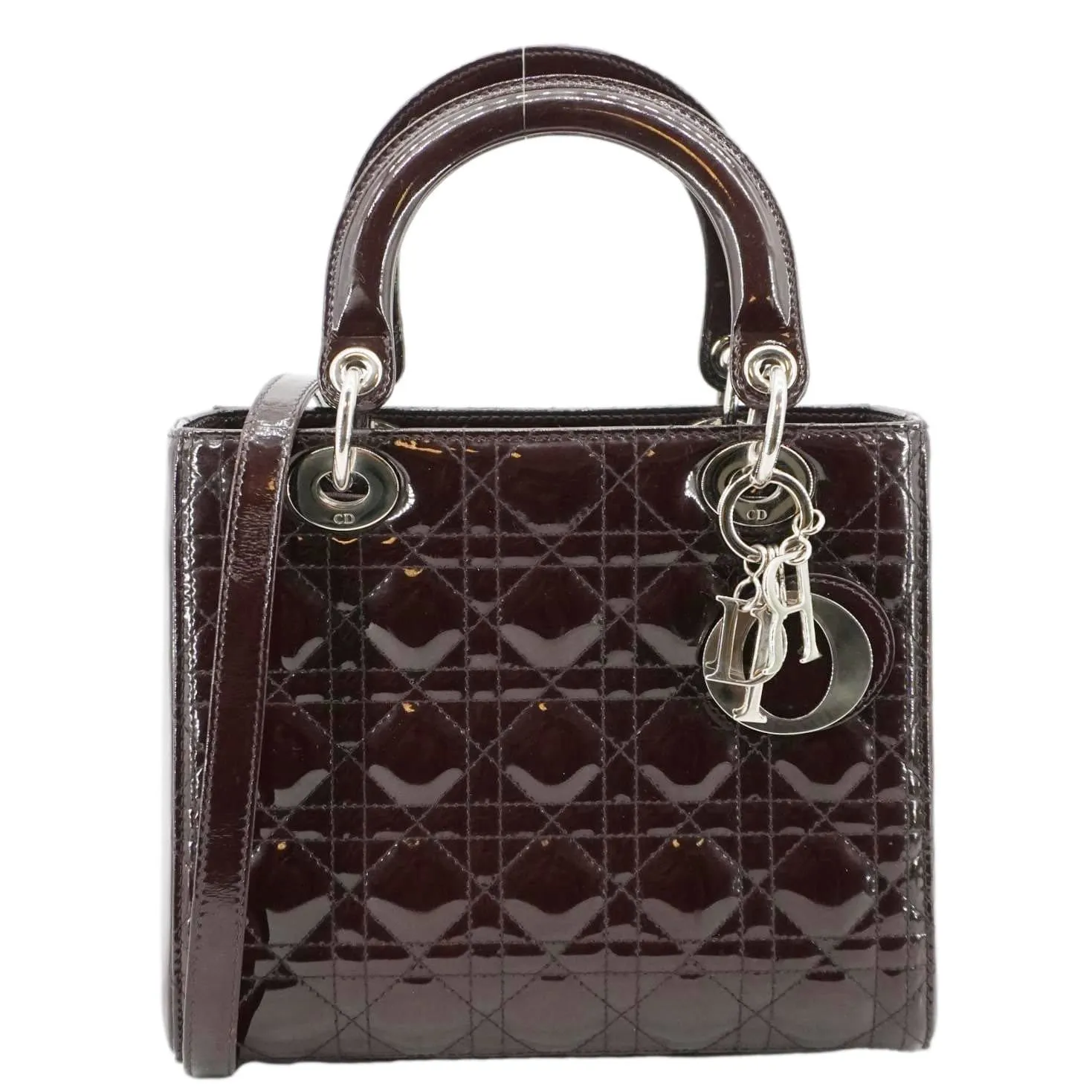 CHRISTIAN DIOR Lady Dior Quilted Patent Leather Shoulder Bag Burgundy