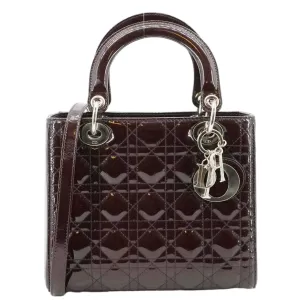CHRISTIAN DIOR Lady Dior Quilted Patent Leather Shoulder Bag Burgundy