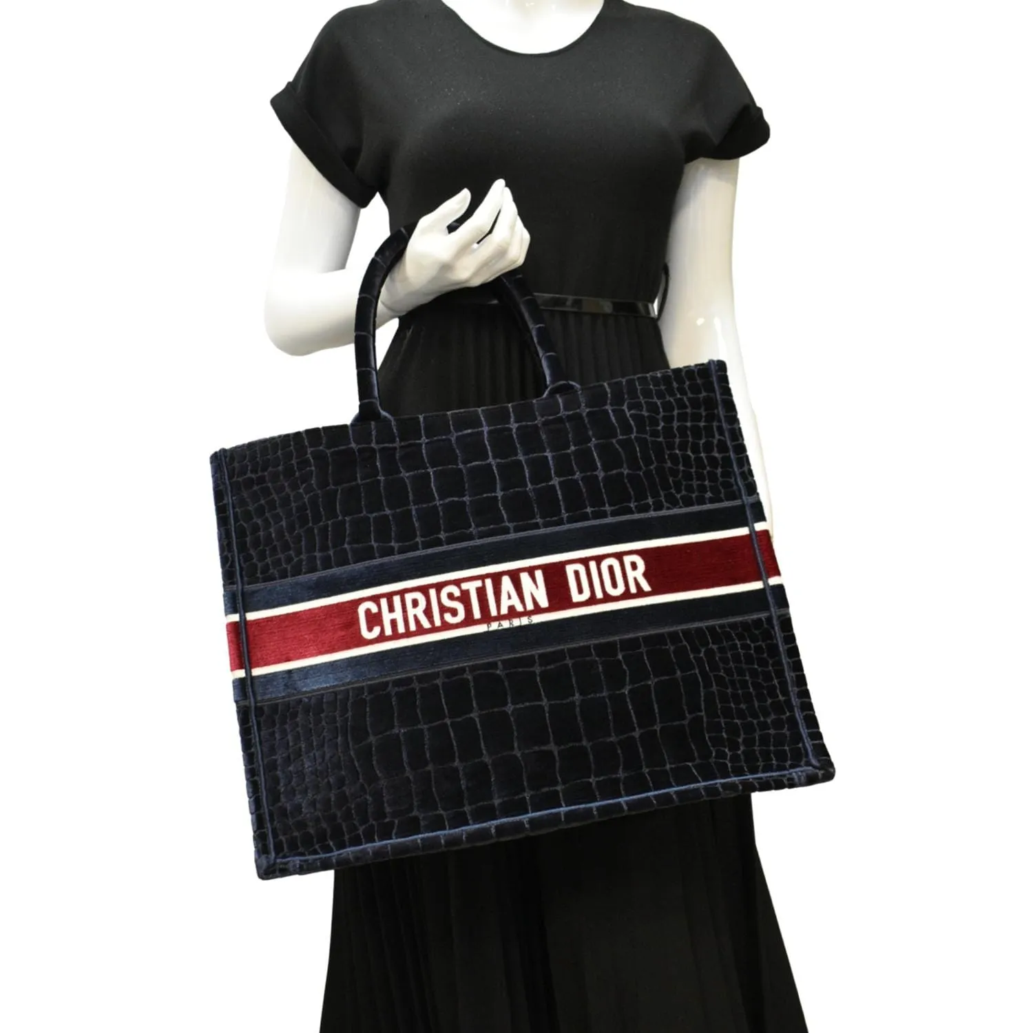 CHRISTIAN DIOR Large Book Embossed Velvet Tote Bag Navy