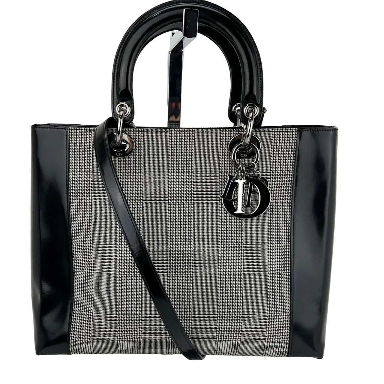 Christian Dior Large Lady Black Patent Leather Canvas Hand Bag