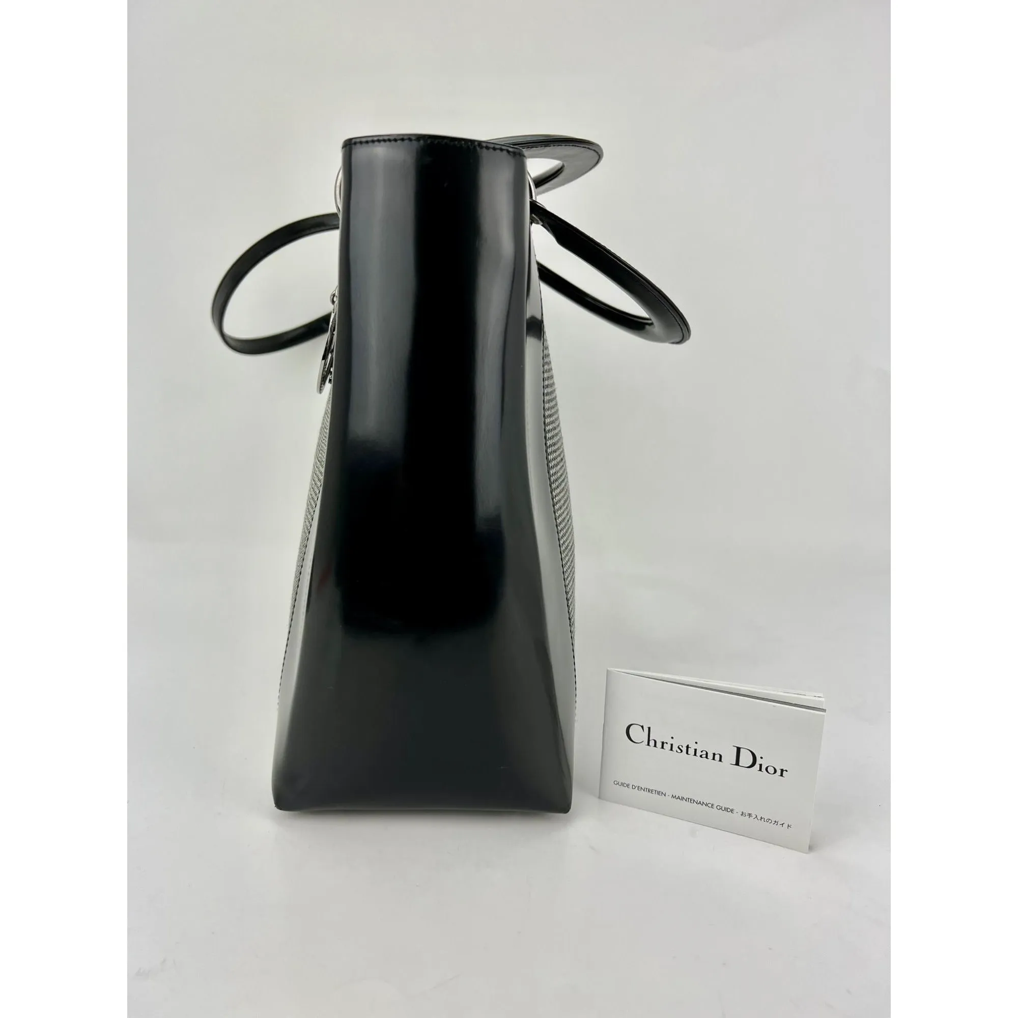 Christian Dior Large Lady Black Patent Leather Canvas Hand Bag