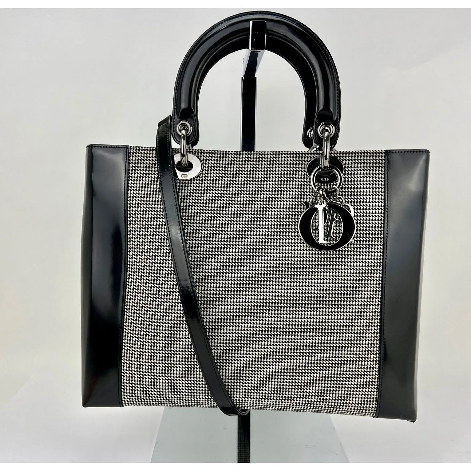 Christian Dior Large Lady Black Patent Leather Canvas Hand Bag