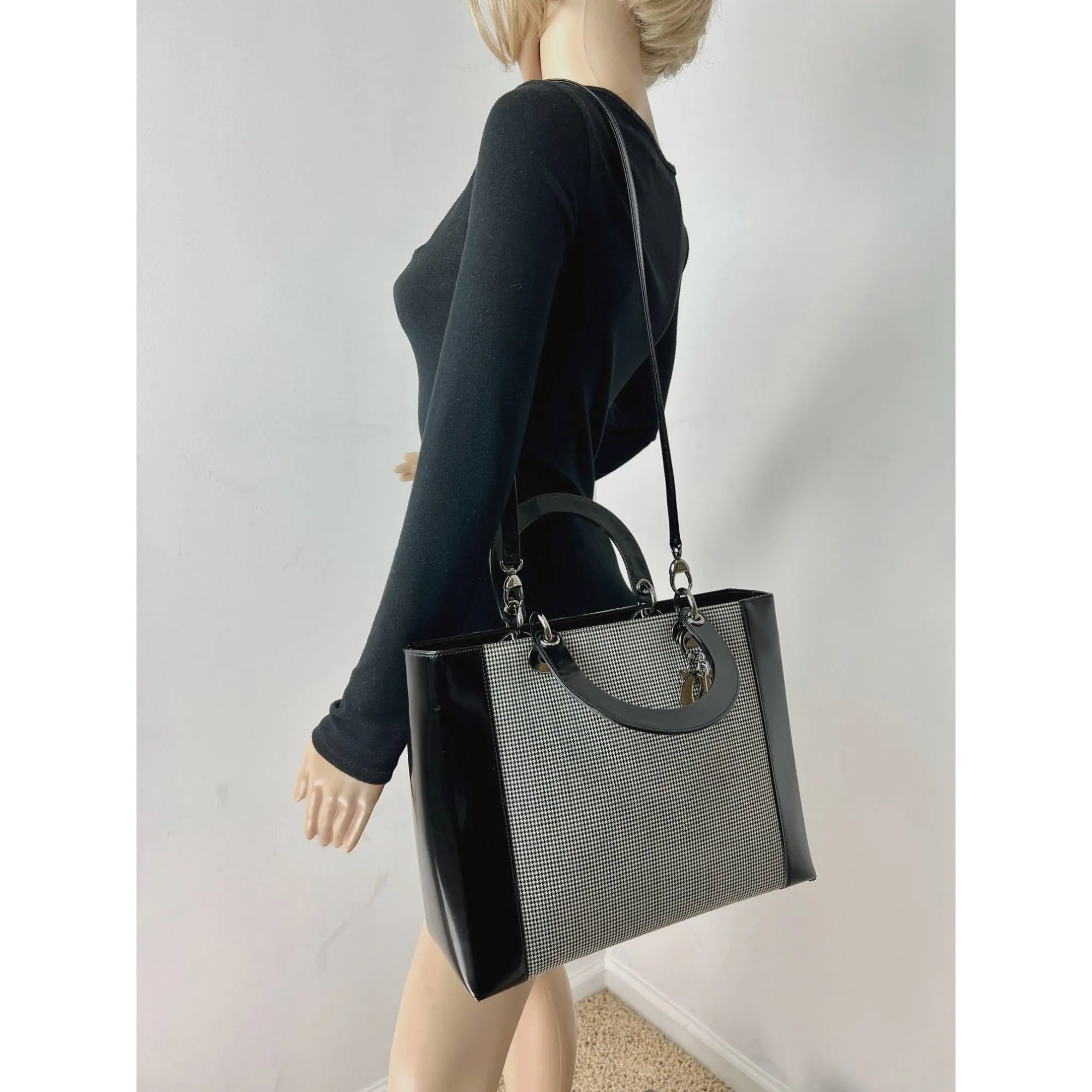 Christian Dior Large Lady Black Patent Leather Canvas Hand Bag