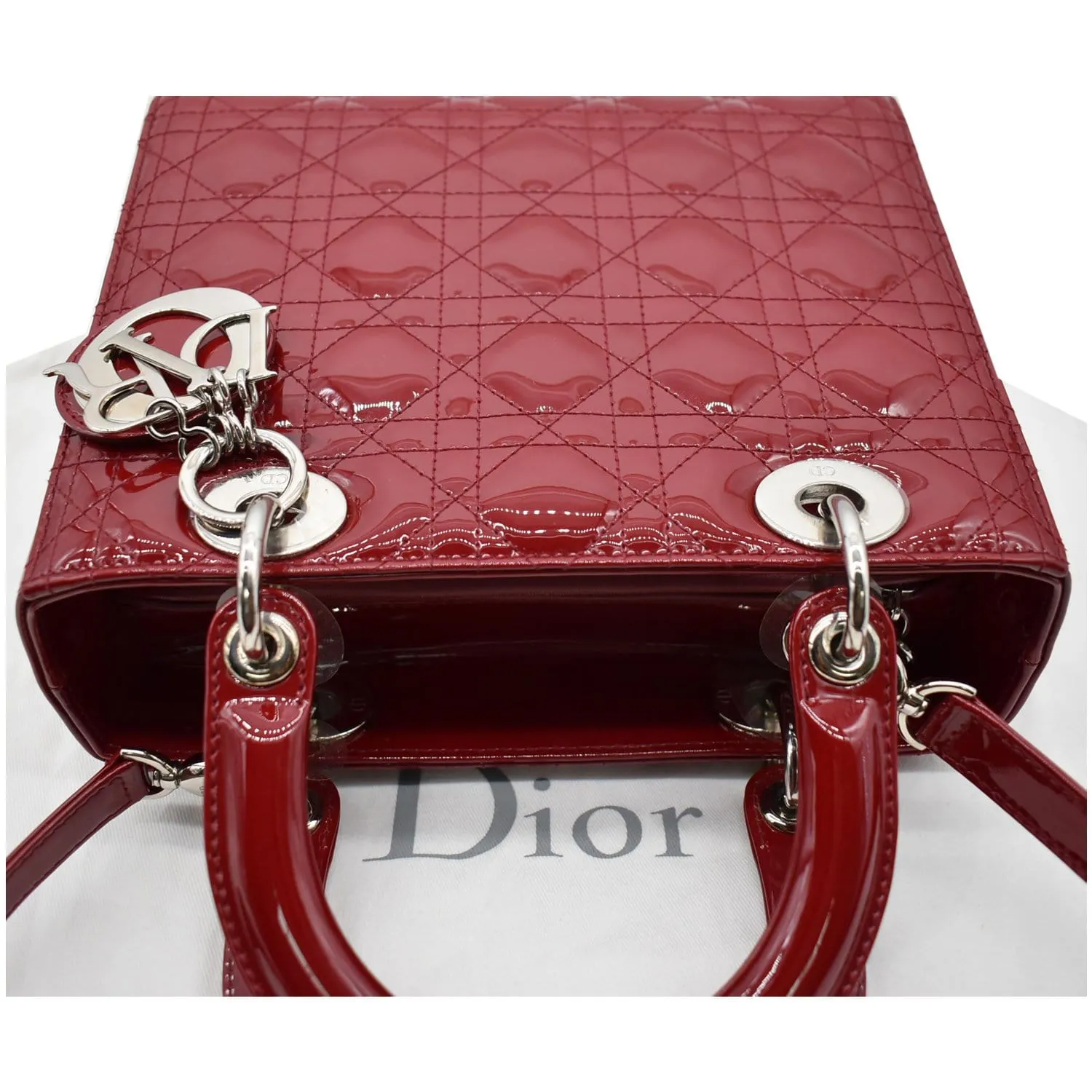 CHRISTIAN DIOR Medium Lady Dior Cannage Patent Leather Shoulder Bag Red
