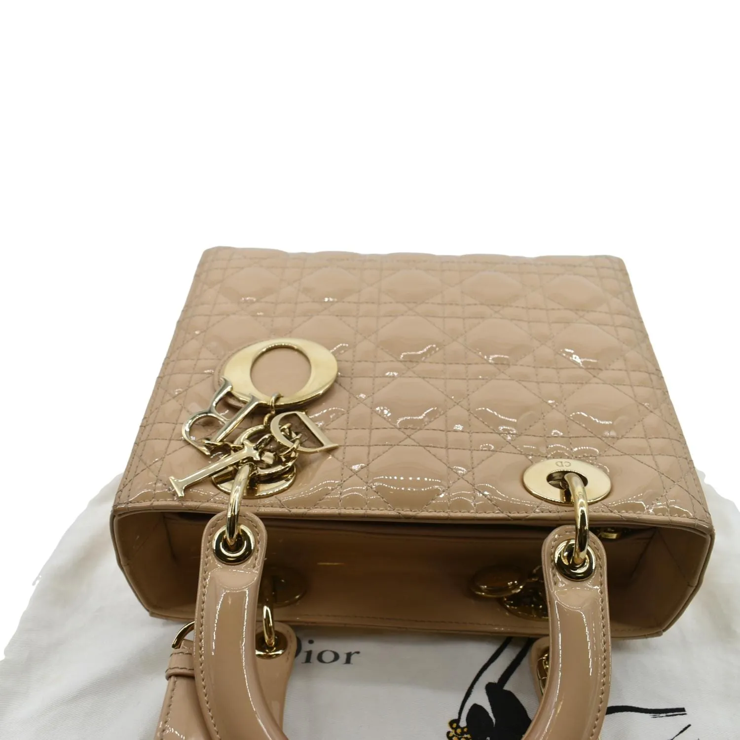 CHRISTIAN DIOR Medium Lady Dior Cannage Patent Leather Shoulder Bag Tan