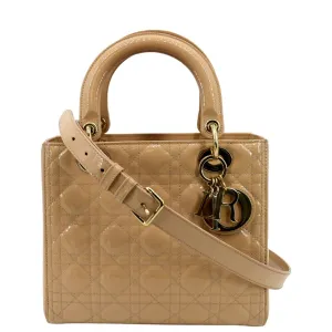 CHRISTIAN DIOR Medium Lady Dior Cannage Patent Leather Shoulder Bag Tan