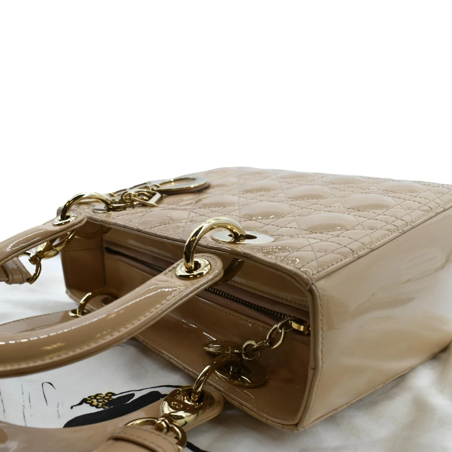 CHRISTIAN DIOR Medium Lady Dior Cannage Patent Leather Shoulder Bag Tan