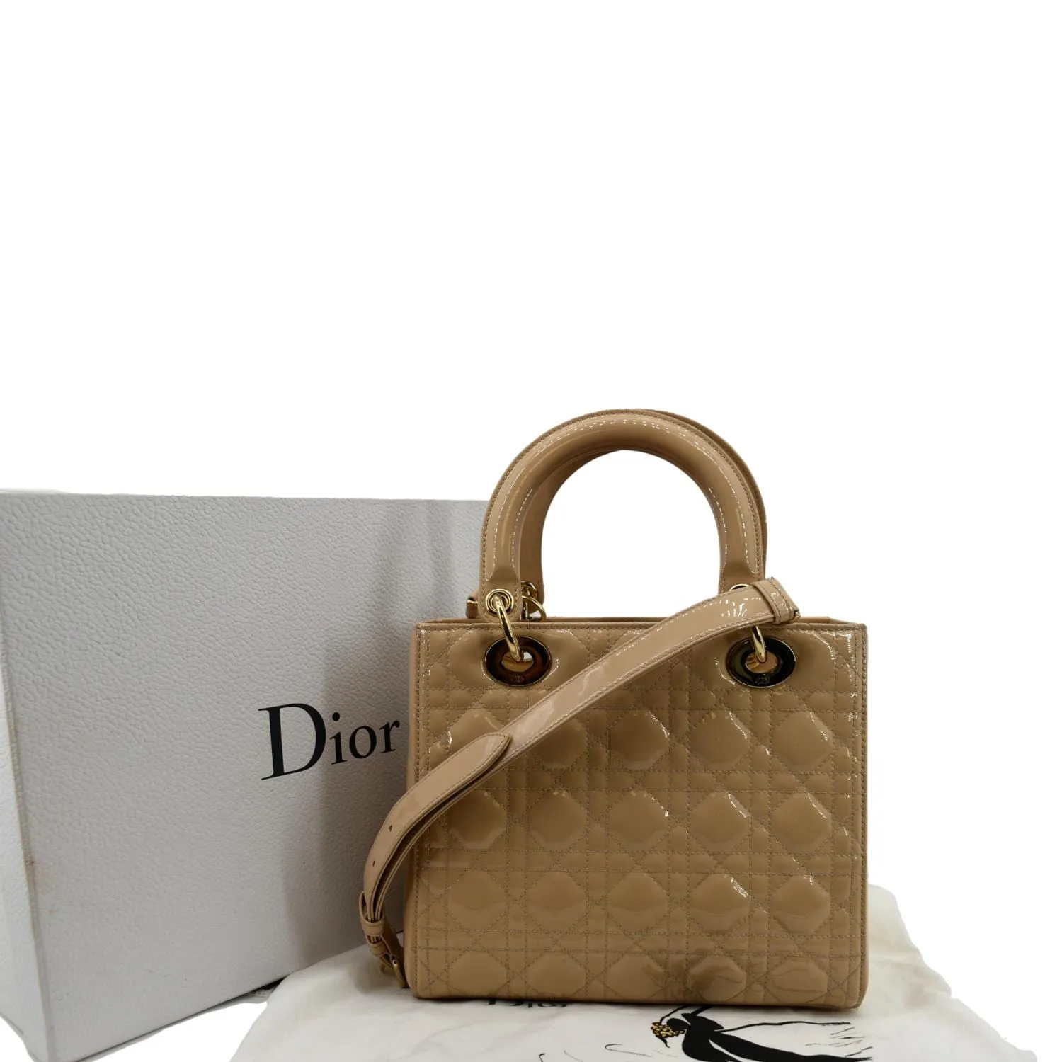 CHRISTIAN DIOR Medium Lady Dior Cannage Patent Leather Shoulder Bag Tan