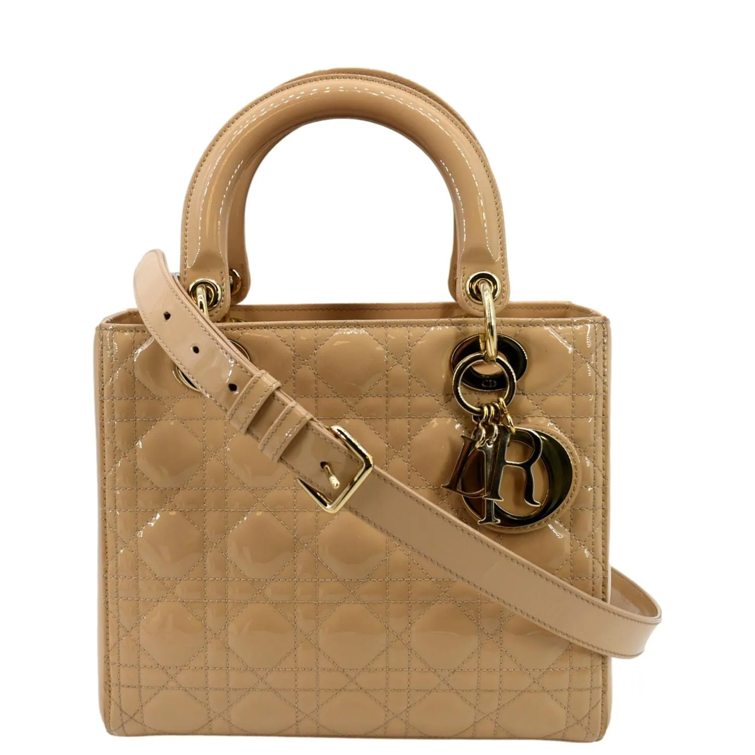 CHRISTIAN DIOR Medium Lady Dior Cannage Patent Leather Shoulder Bag Tan