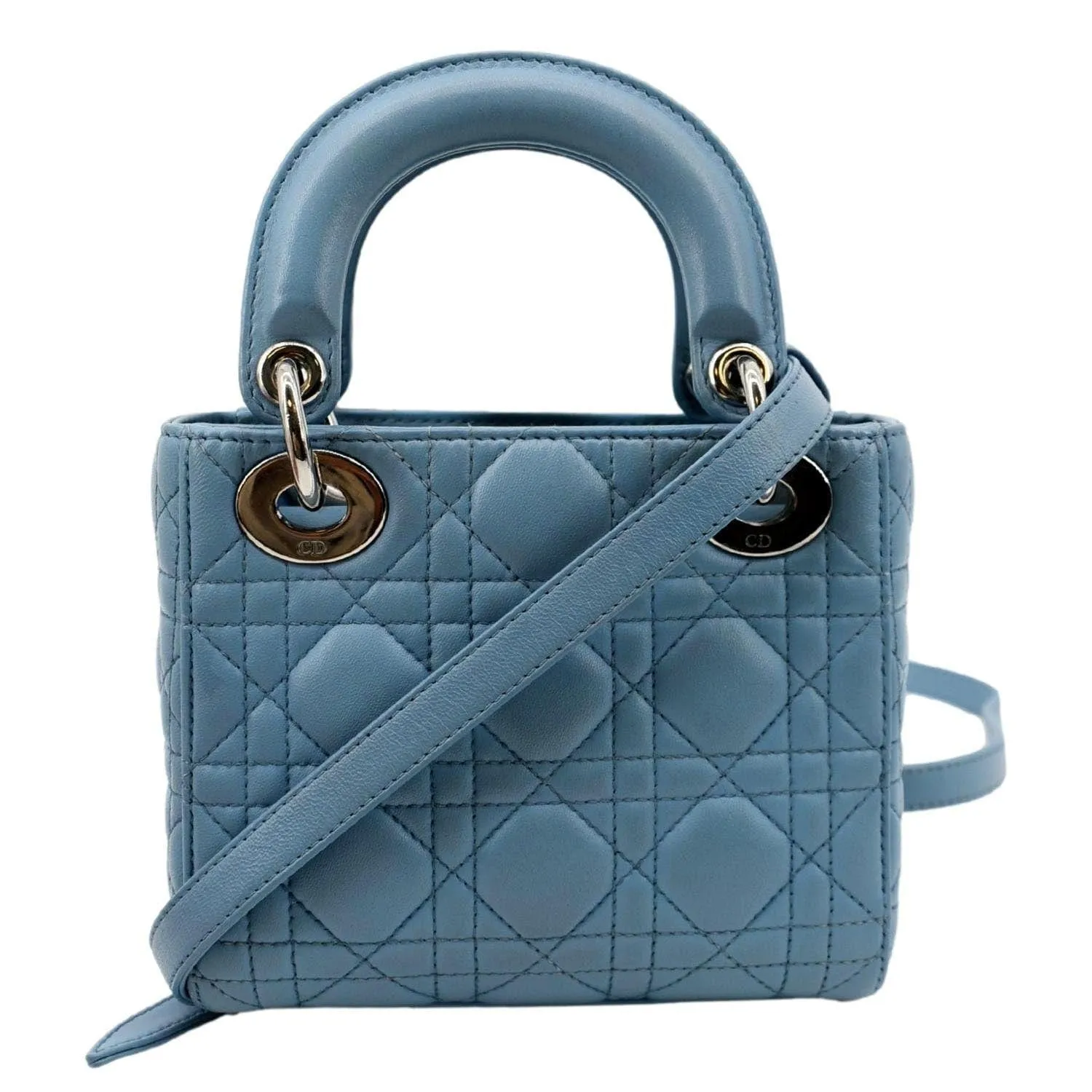 CHRISTIAN DIOR Mini Lady Dior Cannage Lambskin Leather Shoulder Bag Blue
