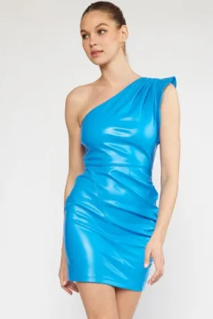 Cobalt Blue Faux Leather One Shoulder Dress