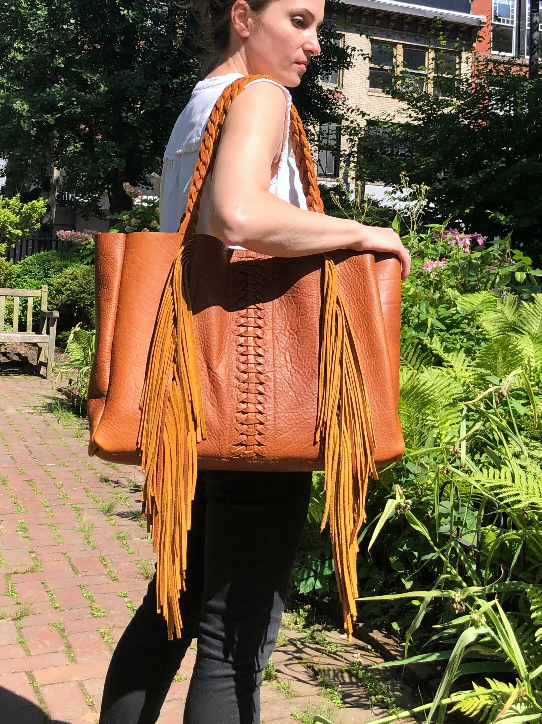 Cognac, boho chic braided leather bag