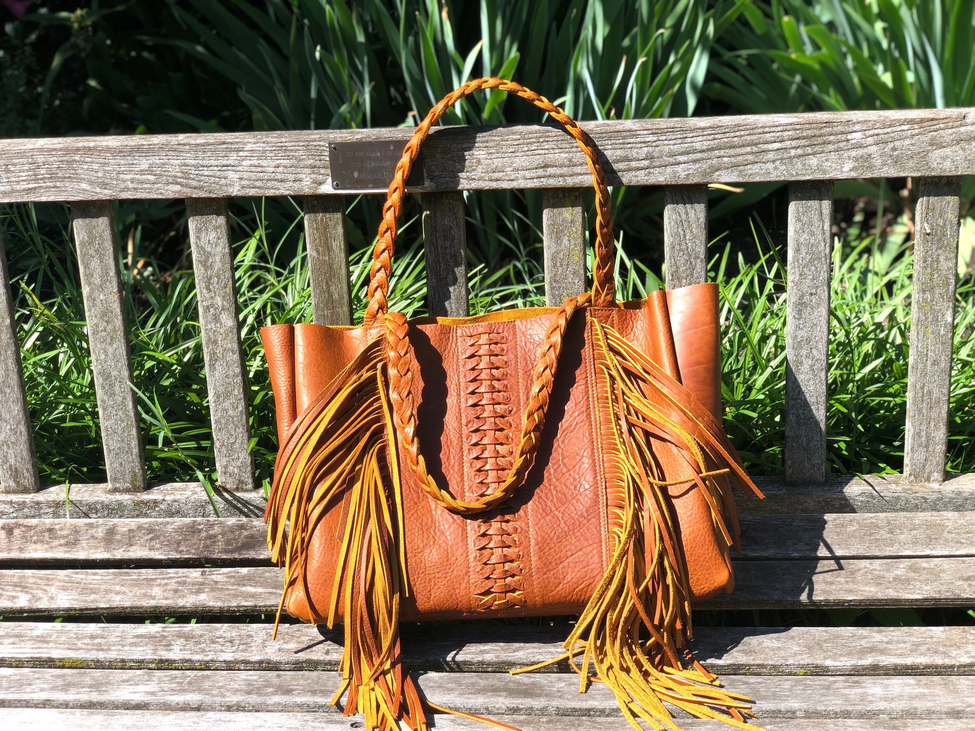 Cognac, boho chic braided leather bag