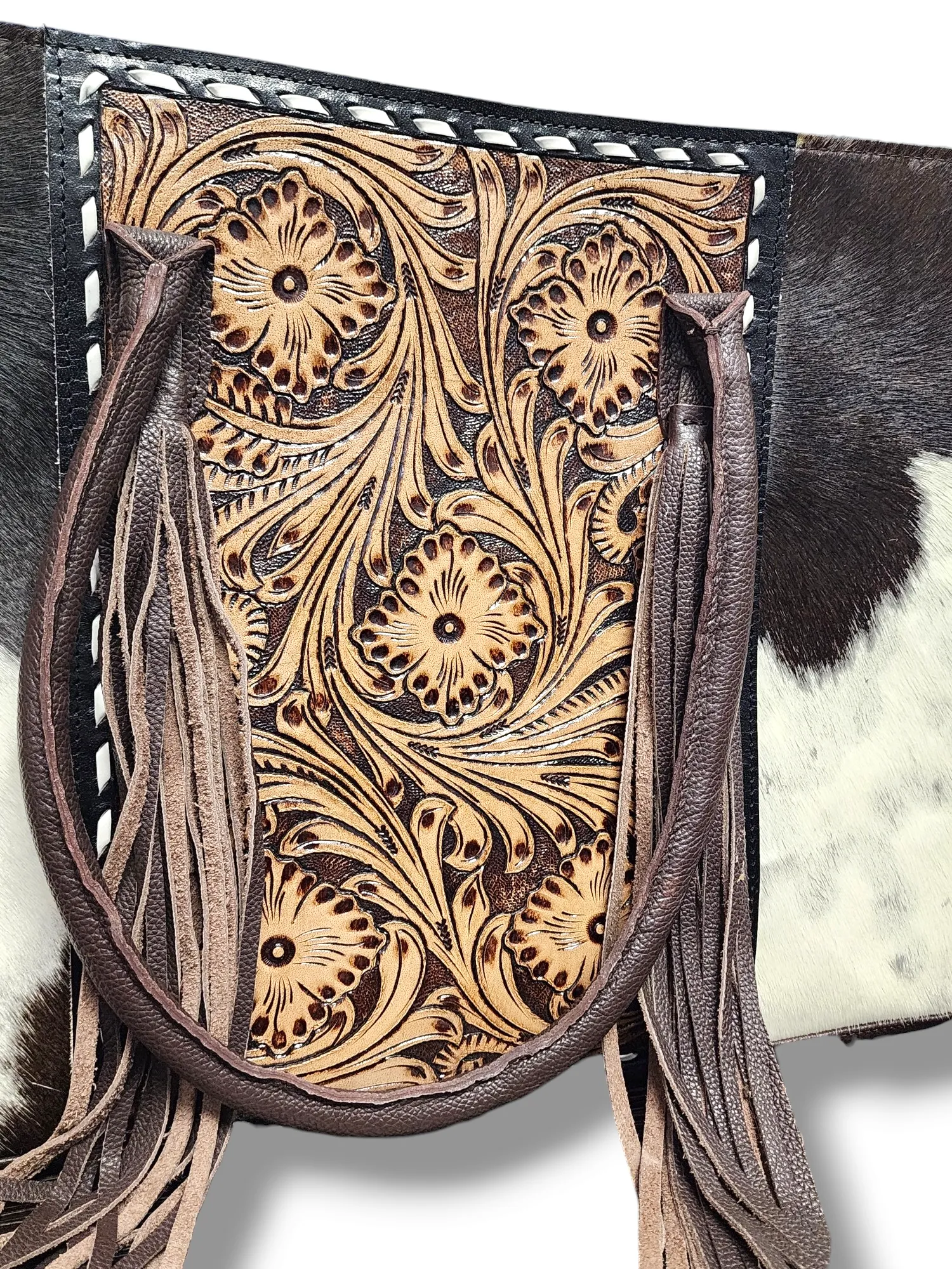 Cowhide with Leather Tooling Shoulder Bag