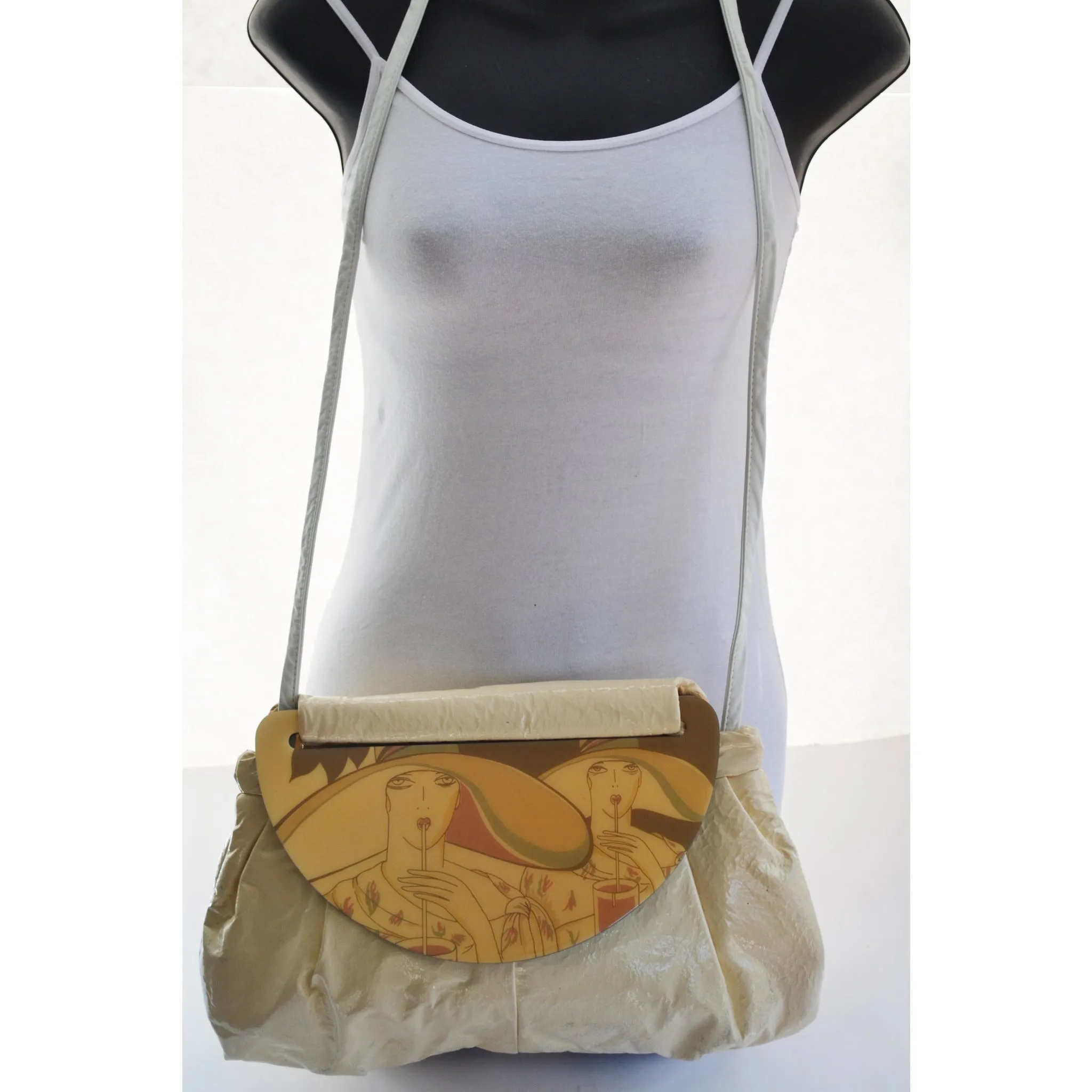 Cream High Gloss Moon Bag Purse By Patrica Smith - 1980's