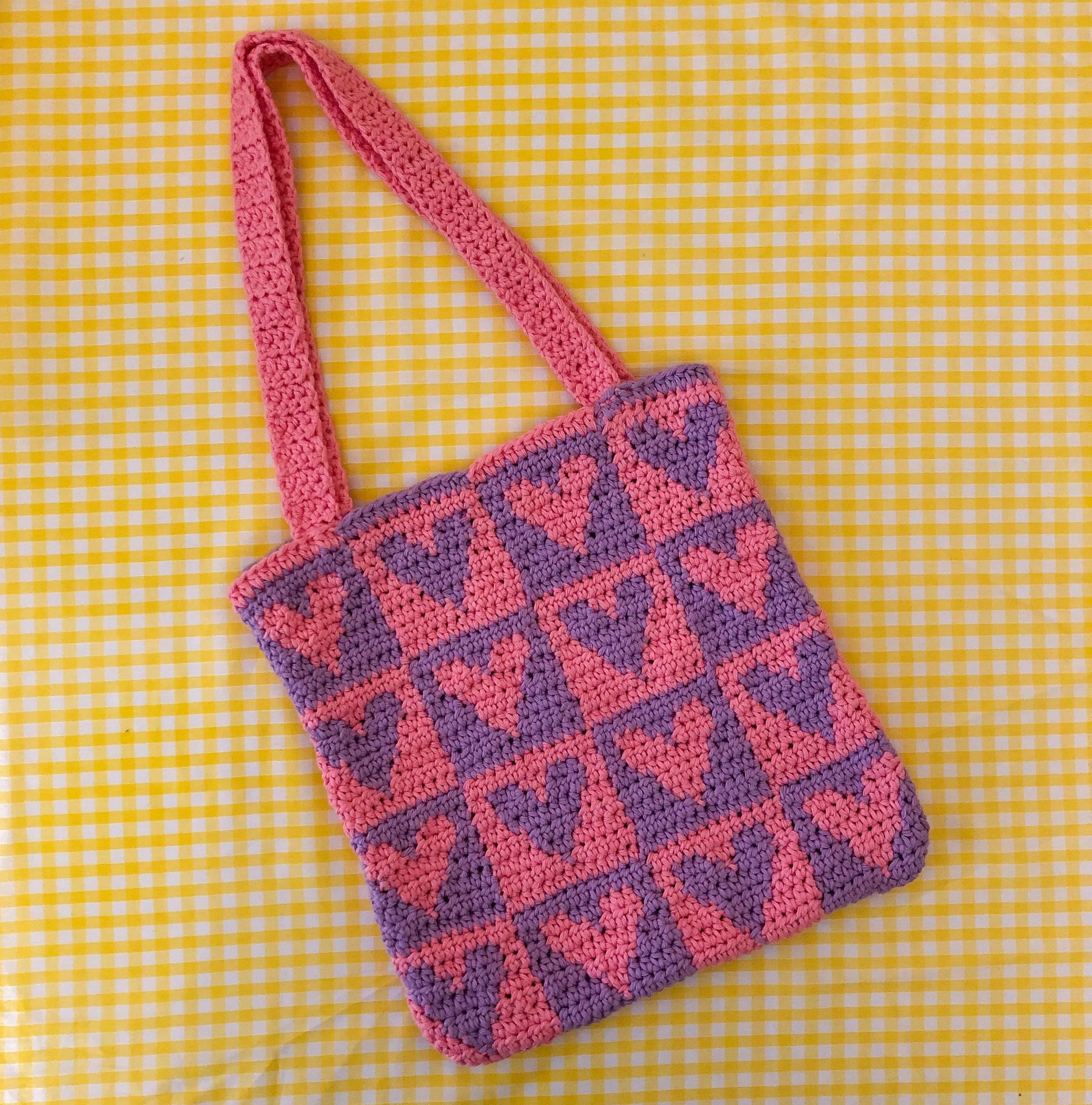 Crochet Heart Tote Bag in Pink/Purple