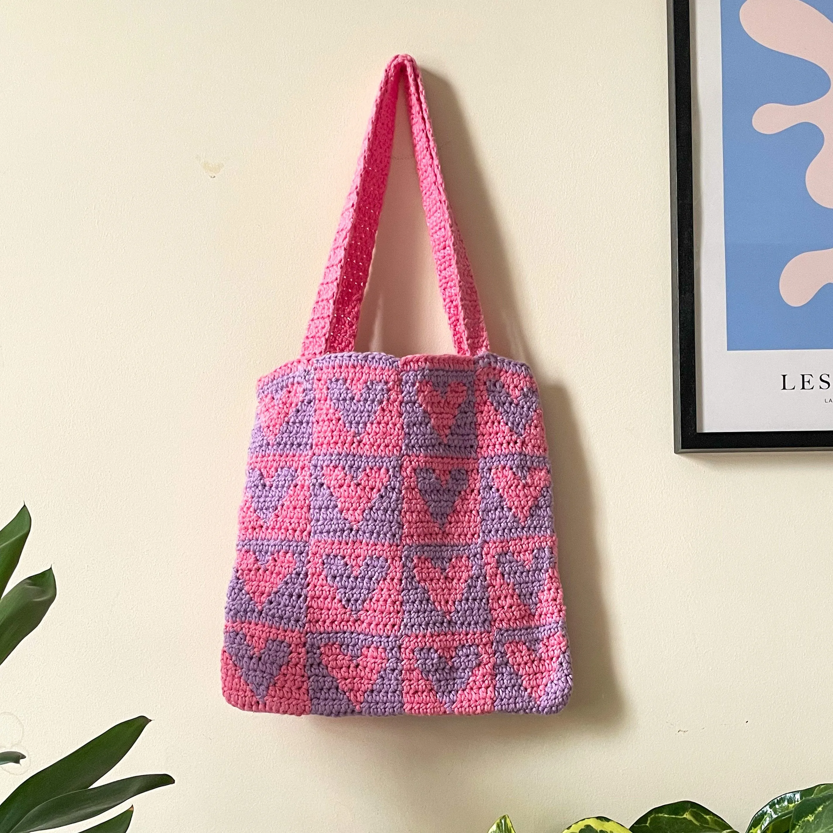 Crochet Heart Tote Bag in Pink/Purple
