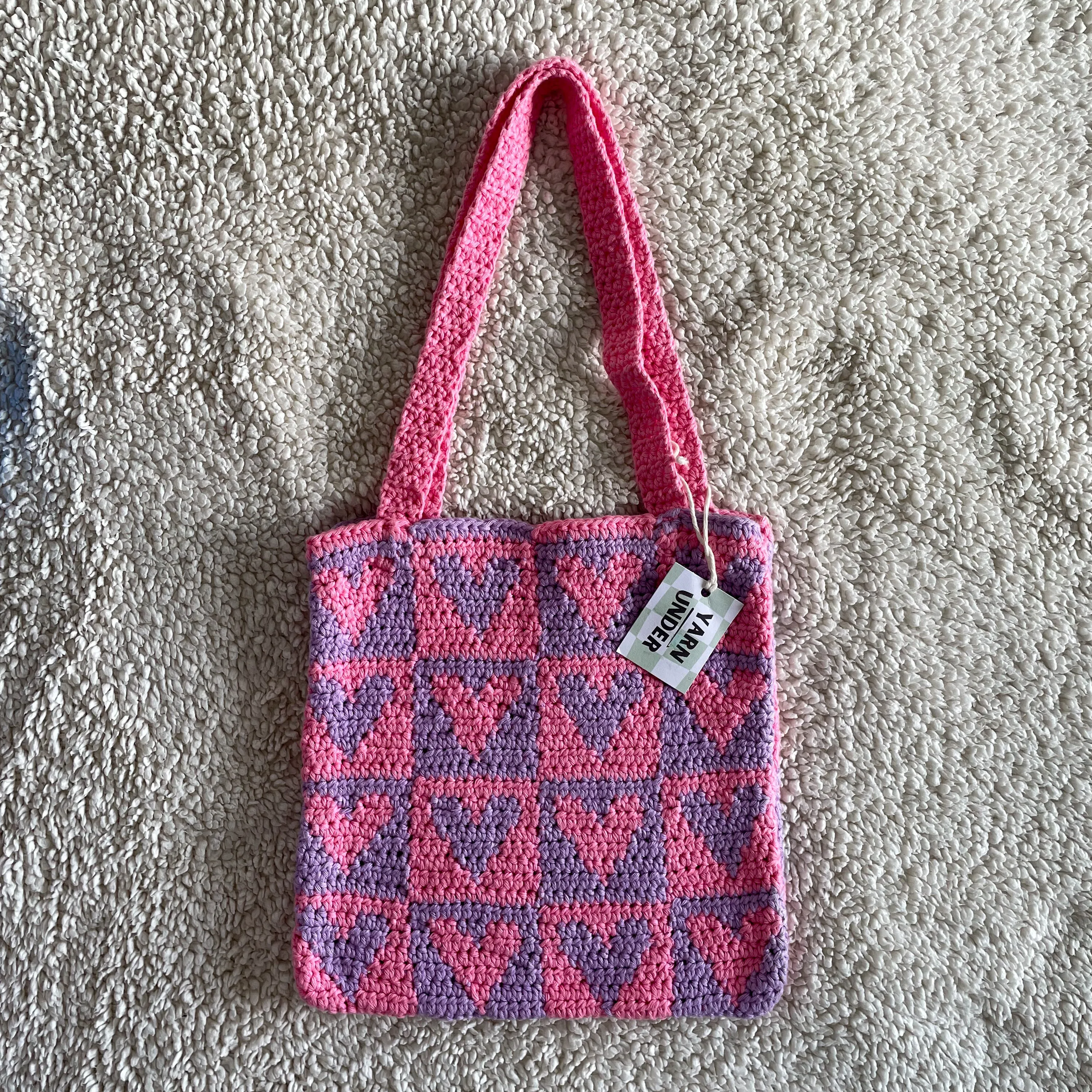 Crochet Heart Tote Bag in Pink/Purple