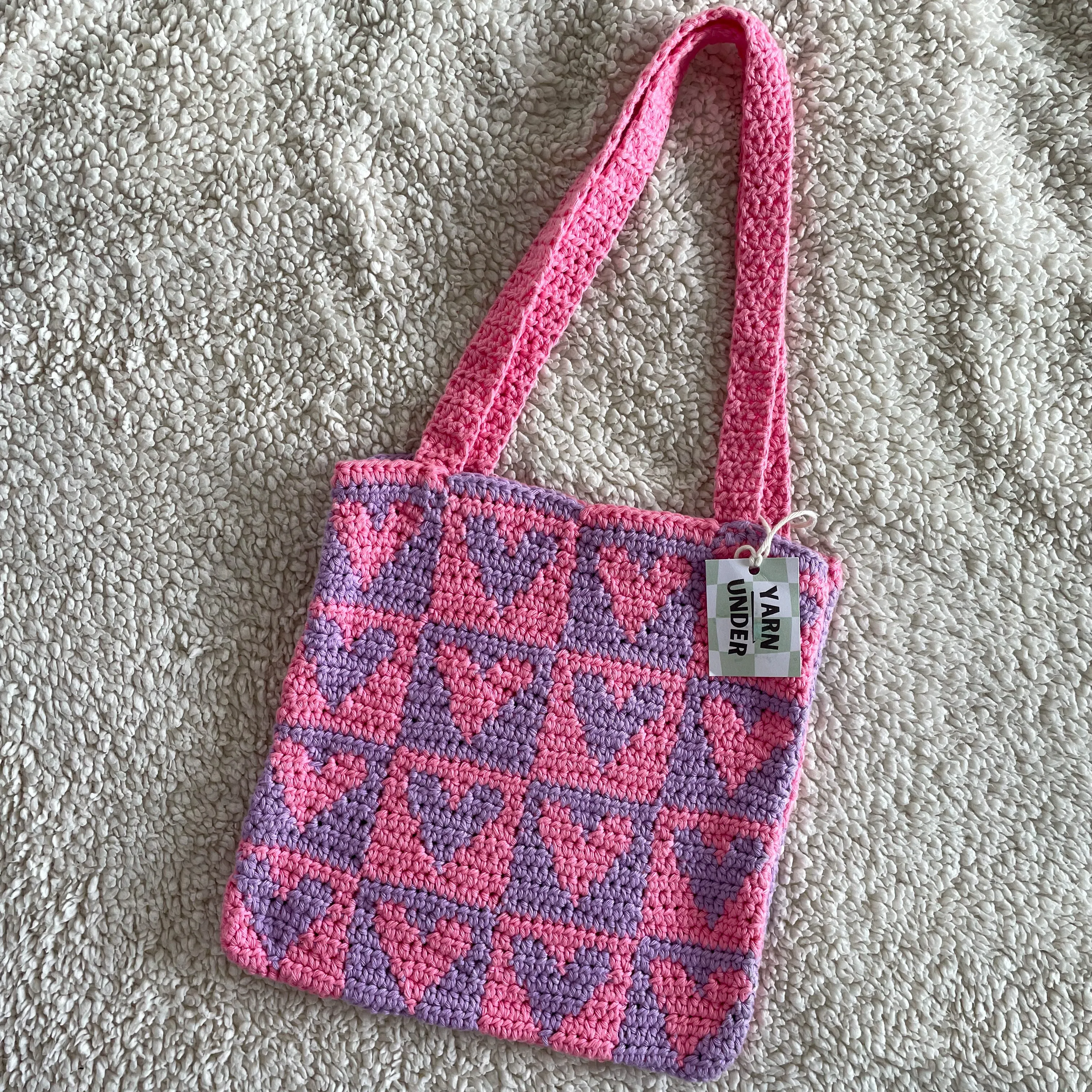 Crochet Heart Tote Bag in Pink/Purple