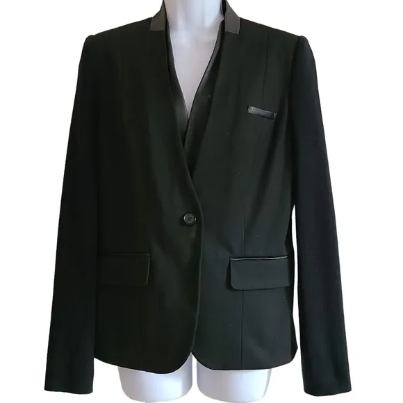 CUT25 by YIGAL AZROUEL Black Leather Trimmed Button Front Blazer Women's 6