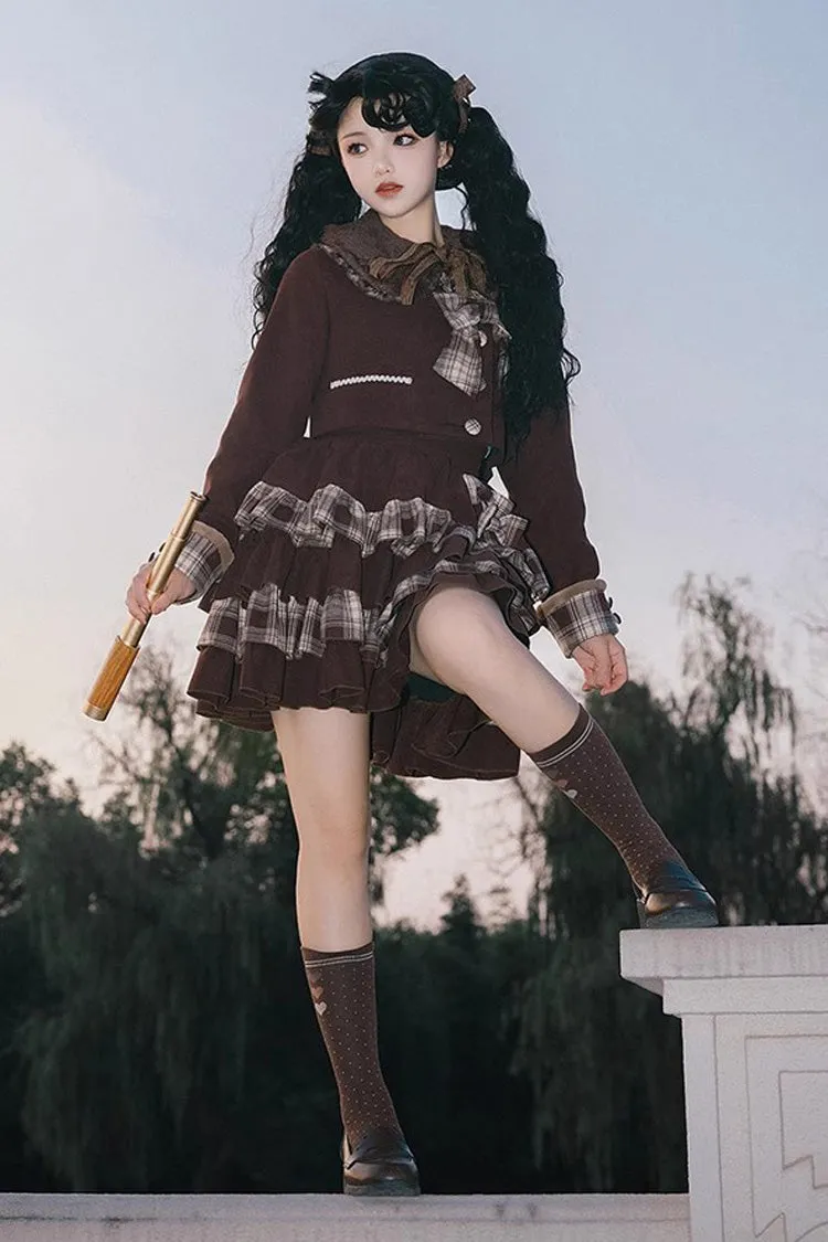 Dark Brown Multi-layer Bowknot College Style Autumn Winter Princess Sweet Lolita Skirt Set