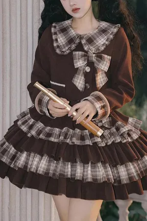 Dark Brown Multi-layer Bowknot College Style Autumn Winter Princess Sweet Lolita Skirt Set