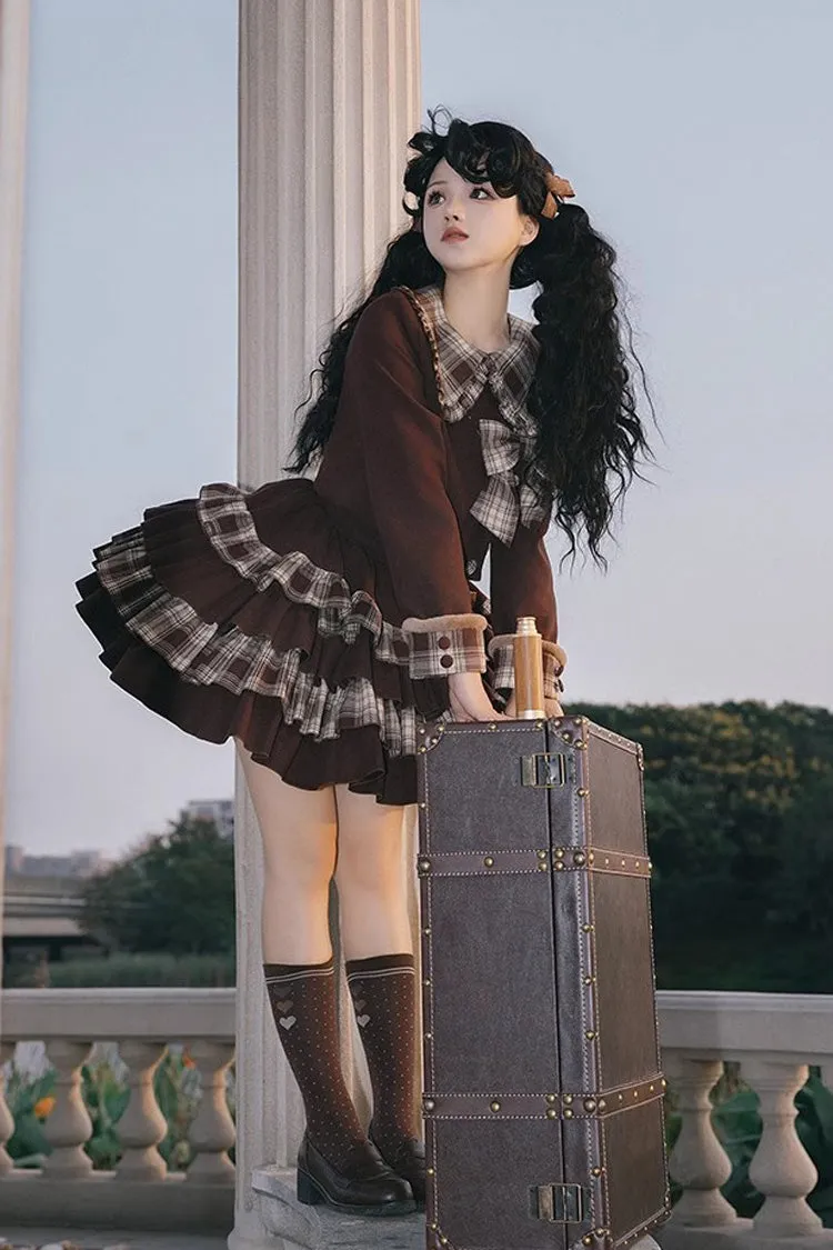 Dark Brown Multi-layer Bowknot College Style Autumn Winter Princess Sweet Lolita Skirt Set