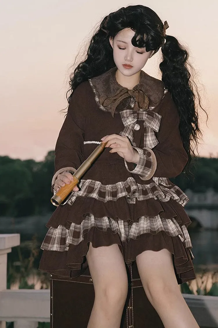 Dark Brown Multi-layer Bowknot College Style Autumn Winter Princess Sweet Lolita Skirt Set