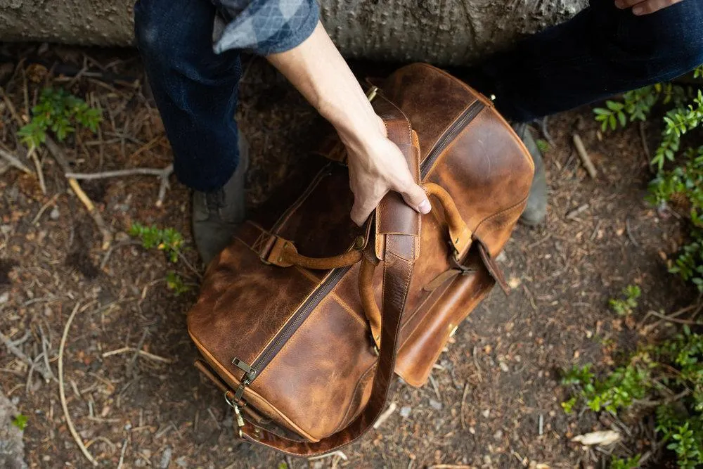 Dazzlo Weekender Top Grain Water Leather Duffel Bag 60L - Antique Brown/Dark Walnut - 24"