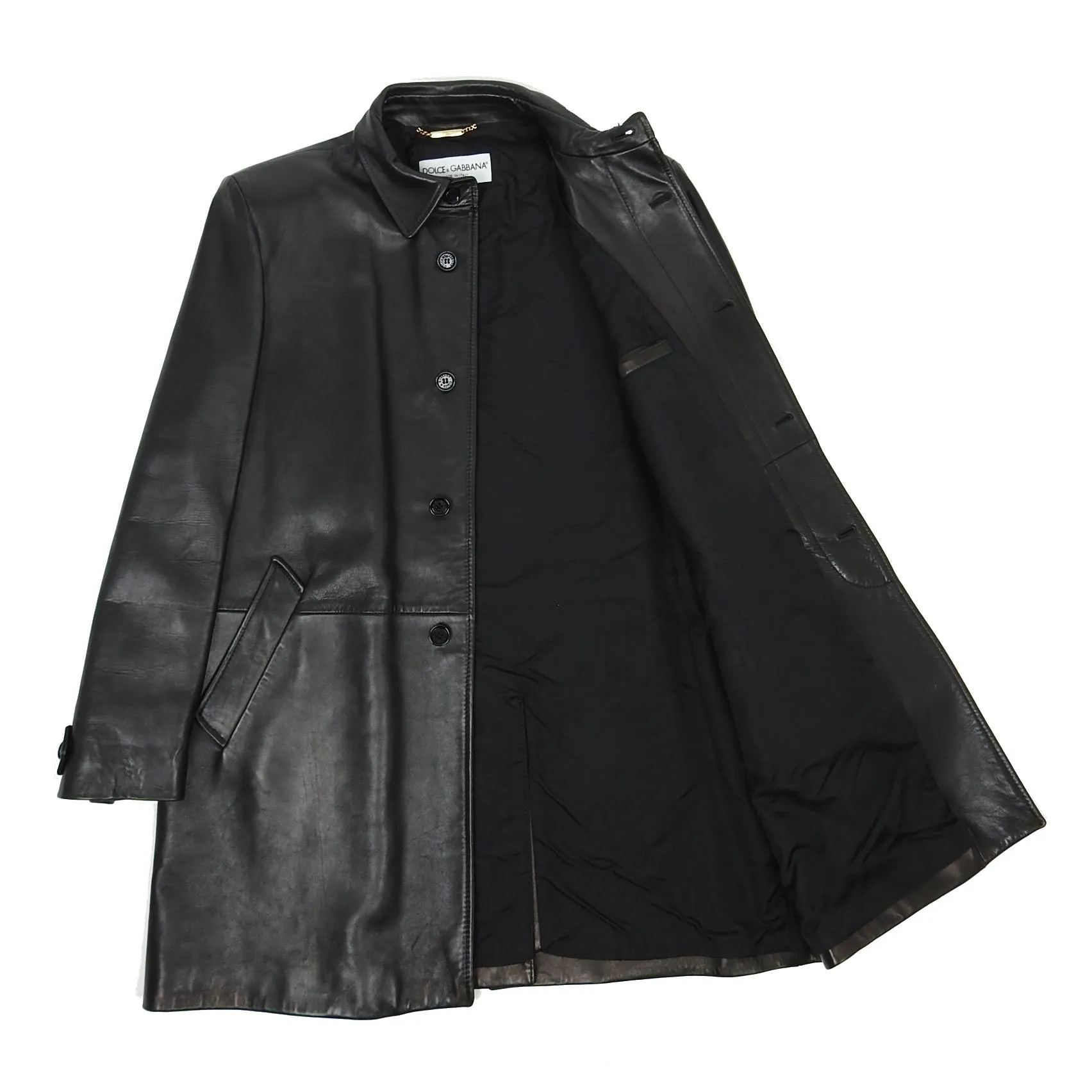 Dolce & Gabbana Black Leather Coat Size 54