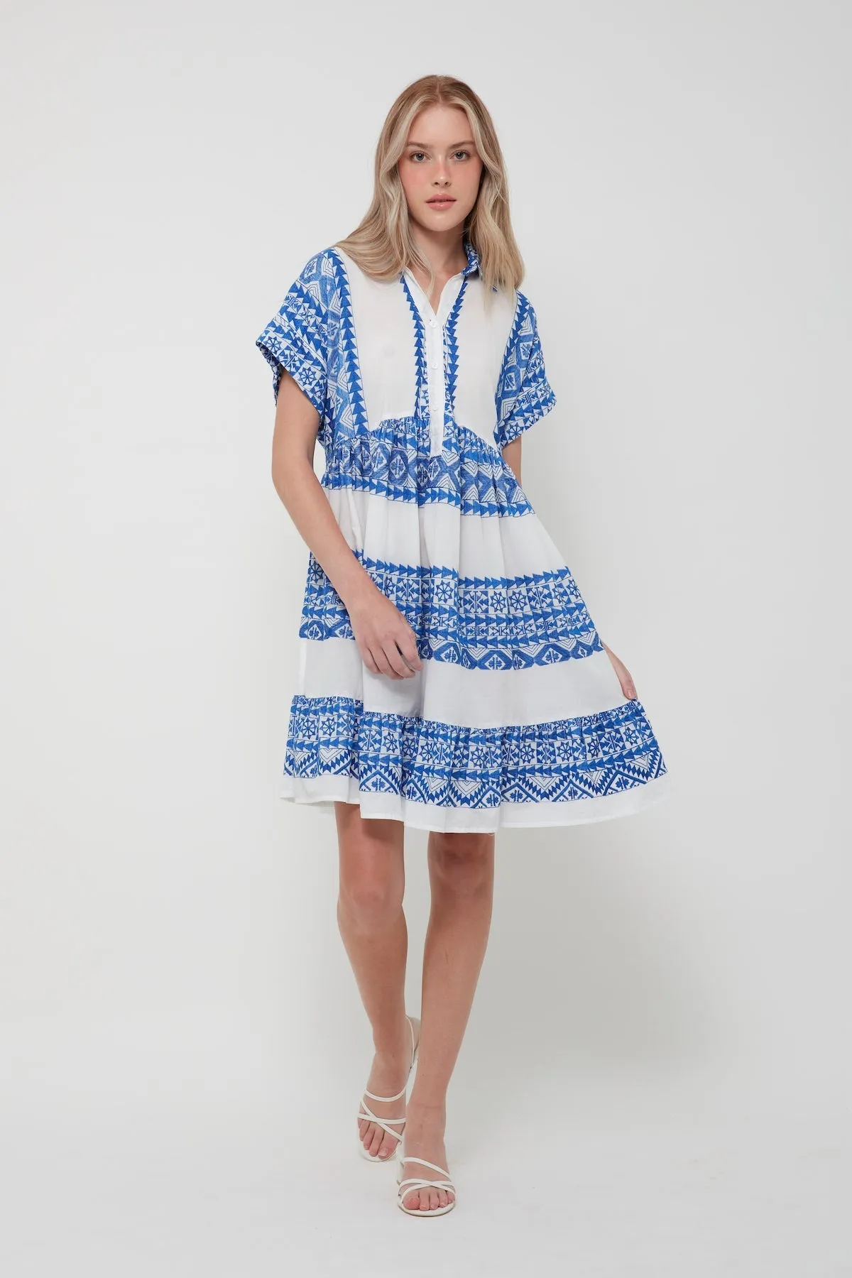 DRESS ALL OVER OLD SHORT COLLAR S/S - WHITE BLUE