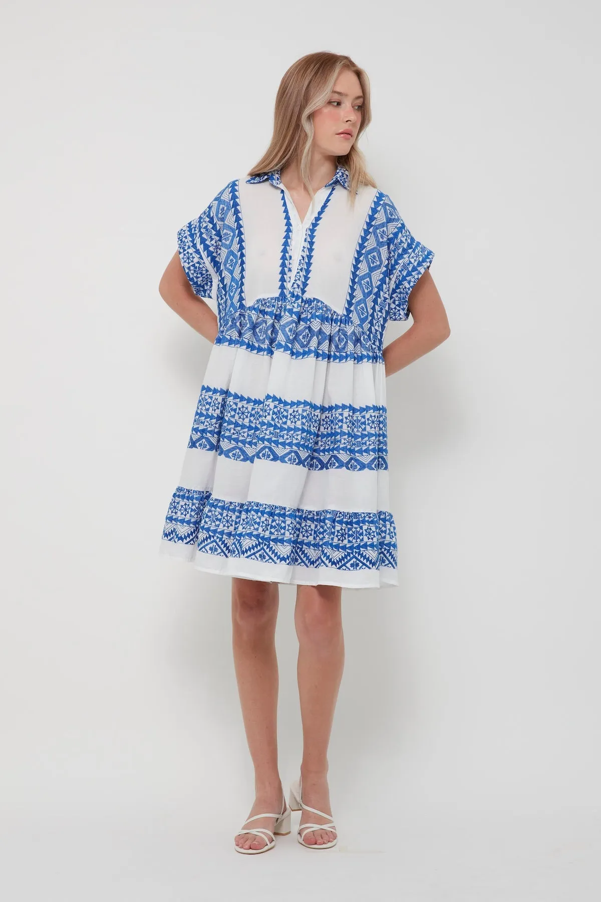 DRESS ALL OVER OLD SHORT COLLAR S/S - WHITE BLUE