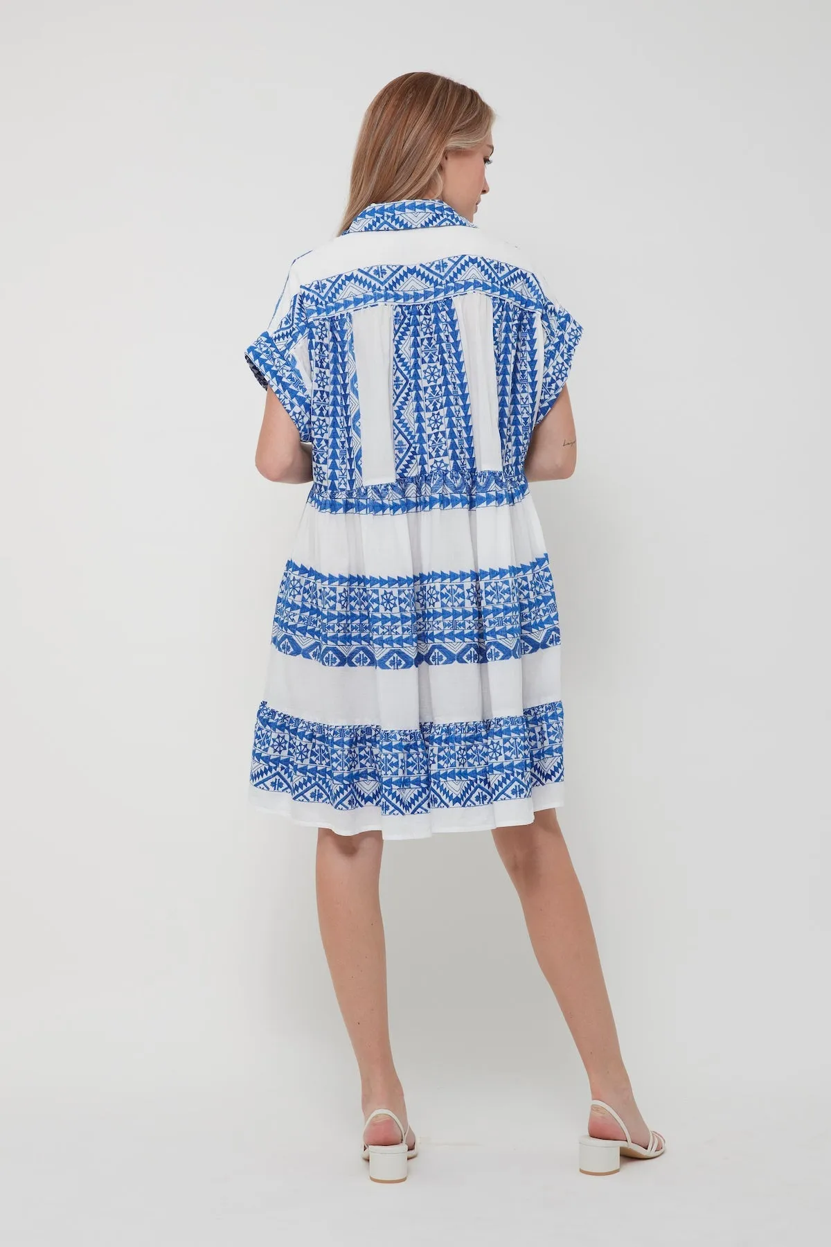 DRESS ALL OVER OLD SHORT COLLAR S/S - WHITE BLUE