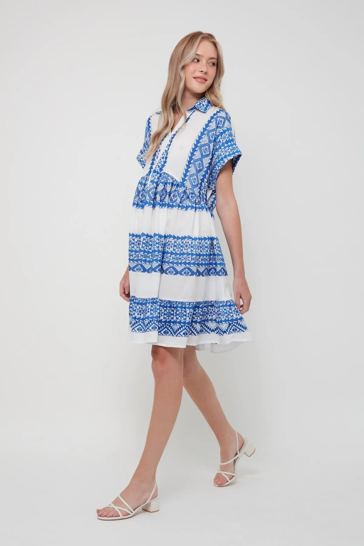 DRESS ALL OVER OLD SHORT COLLAR S/S - WHITE BLUE