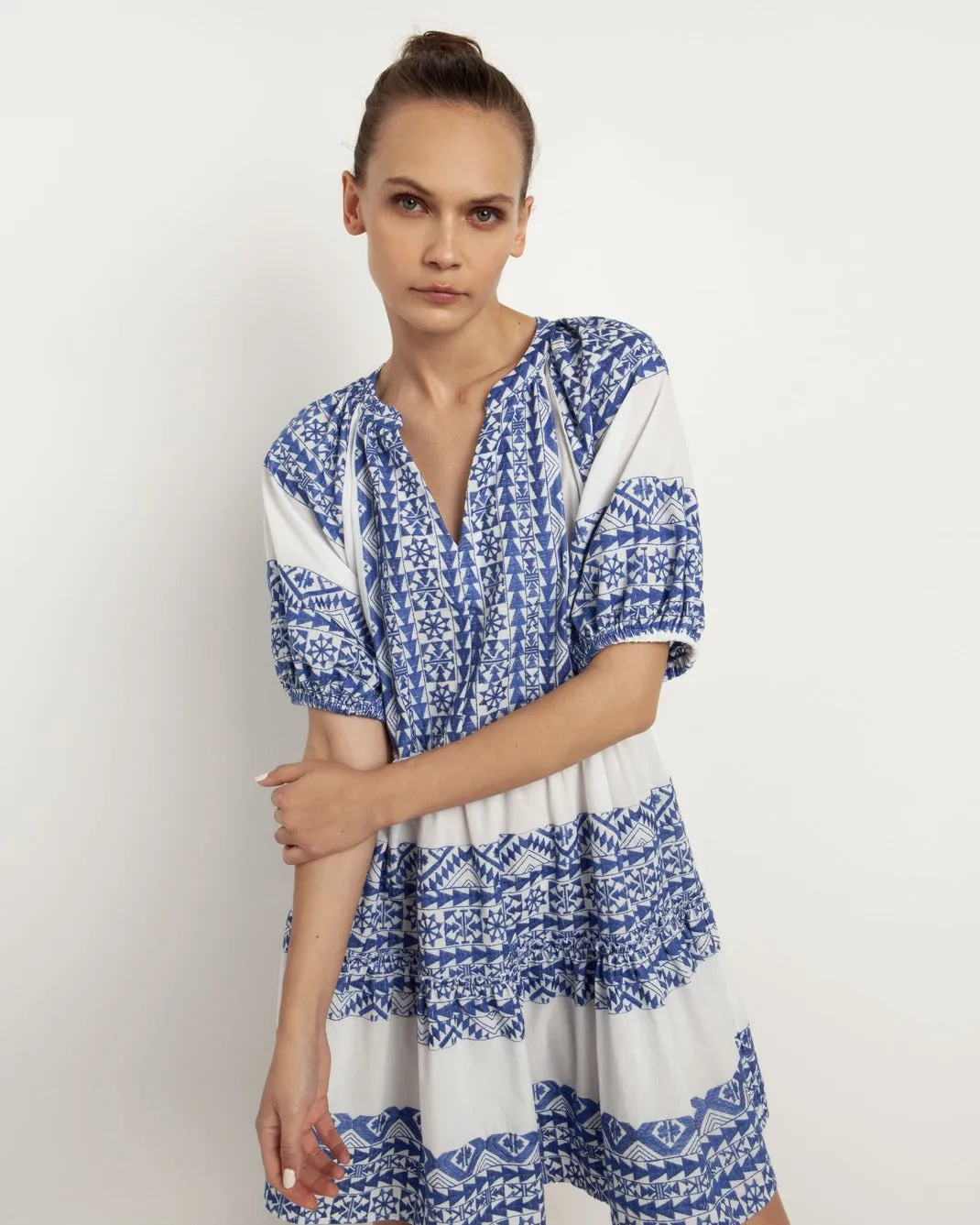 DRESS SHORT ALL OVER OLD PUFFY SLEEVE - WHITE BLUE