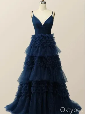 Elegant Regency Blue Spaghetti Strap Tulle A-Line Floor-Length Prom Dresses PDS1149