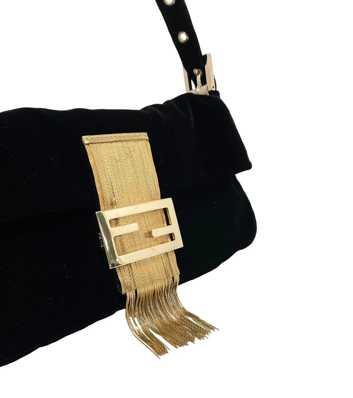 Fendi Black Velvet Fringe Baguette