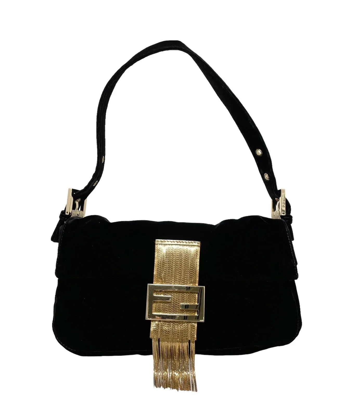 Fendi Black Velvet Fringe Baguette