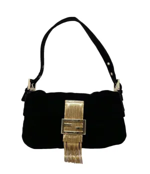 Fendi Black Velvet Fringe Baguette