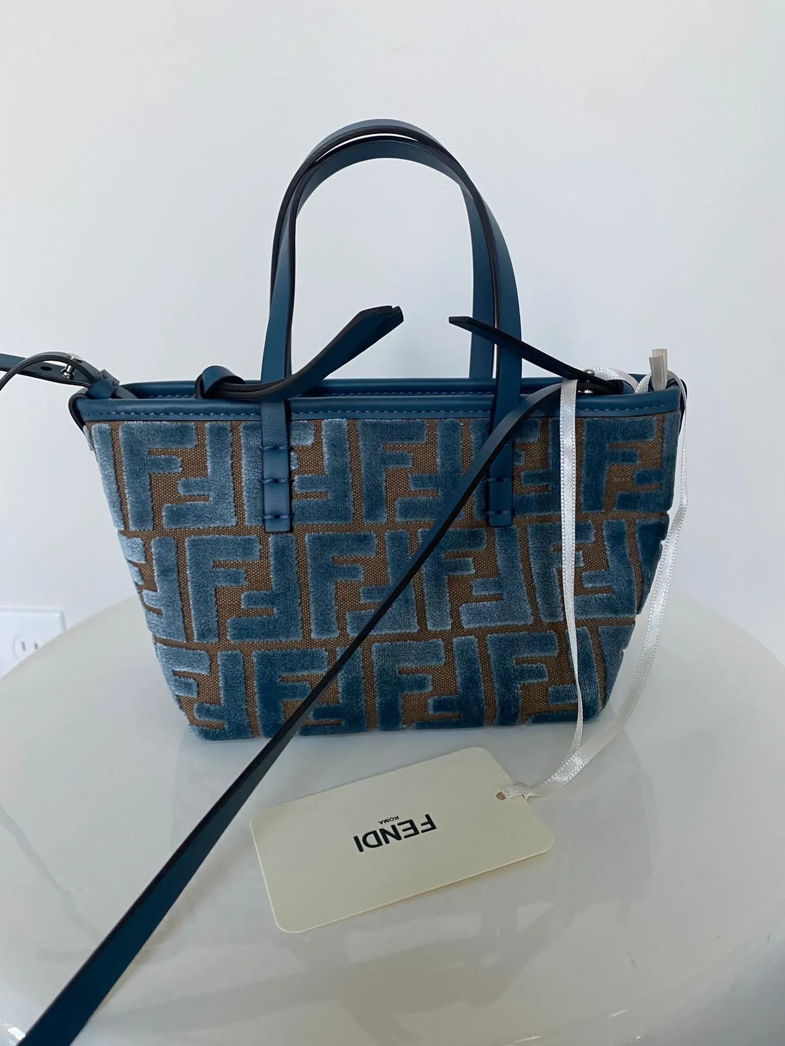 Fendi Light Blue FF Jacquard Velvet Mini Roll bag