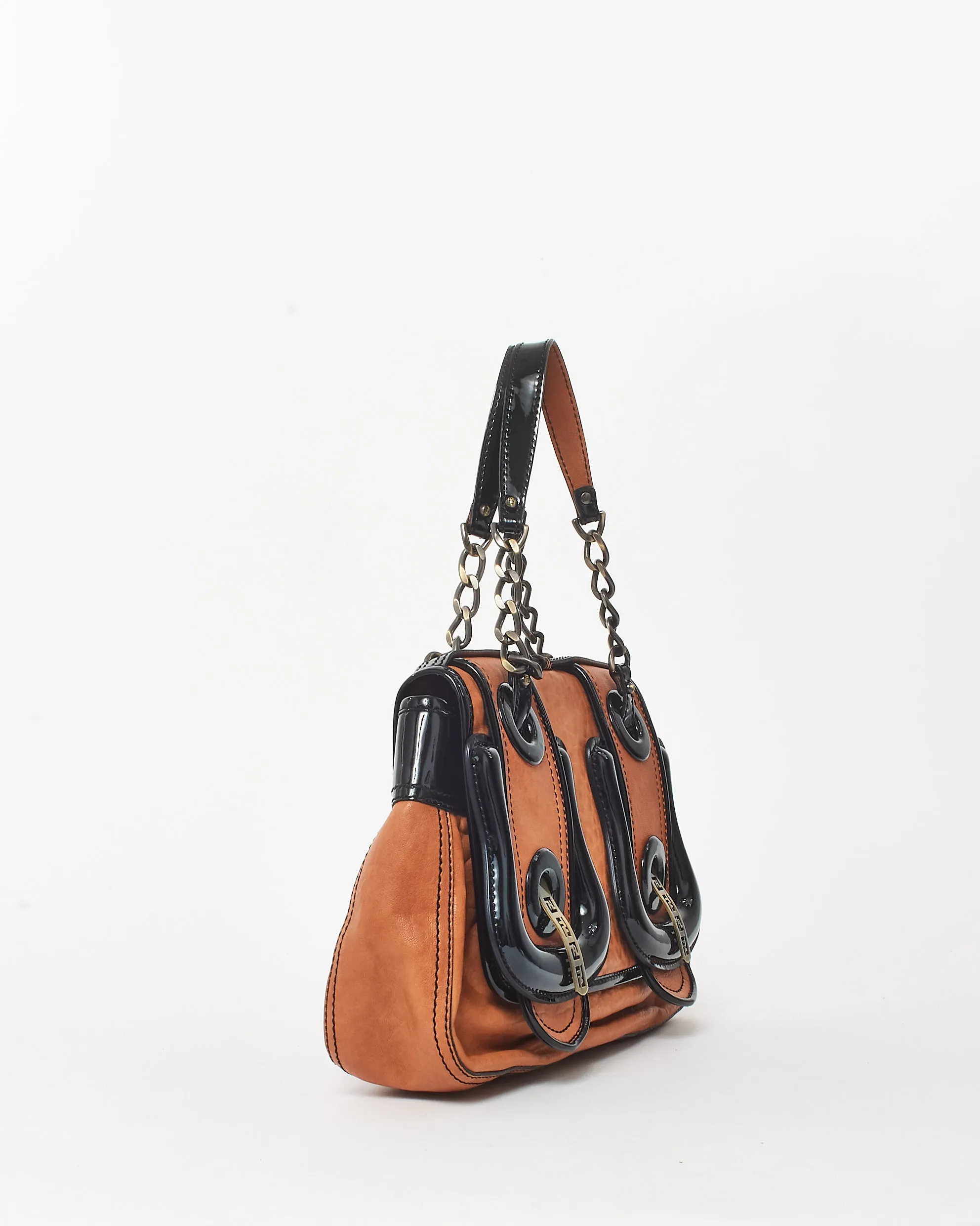 Fendi Vintage Brown Leather & Black Patent Leather Buckle B Bag Shoulder Bag