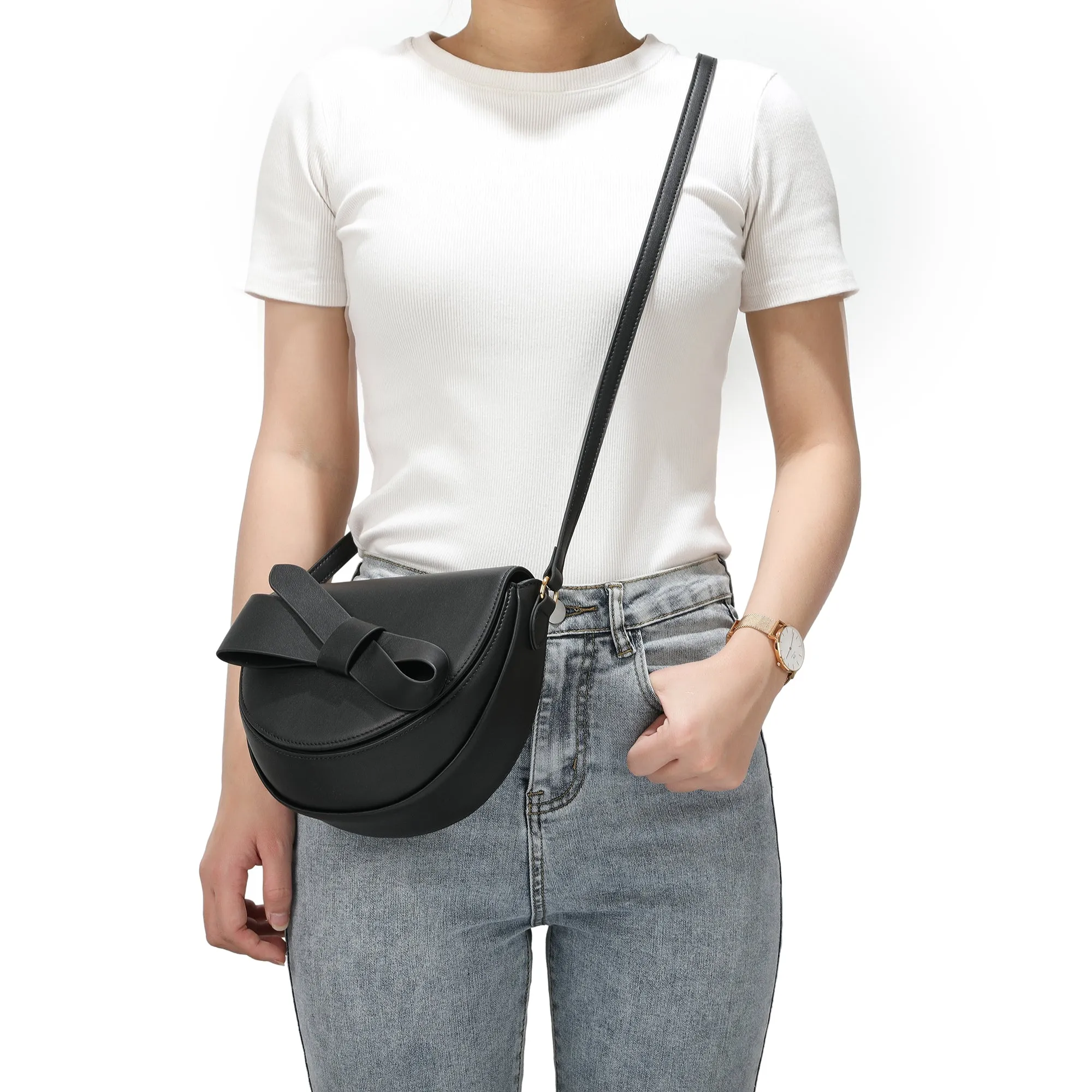Front Bow Smooth Leather Shoulder Bag