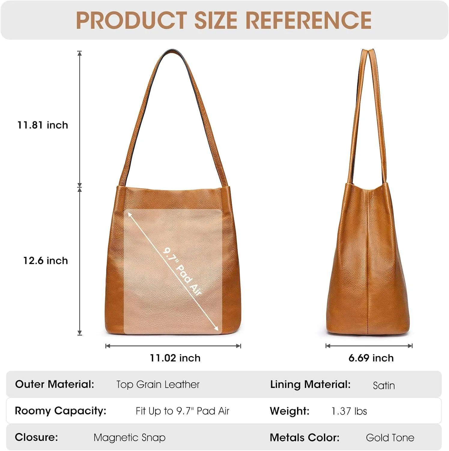 Genuine Leather Handbags for Women, Shoulder Bag with Top Magnetic Snap Closure