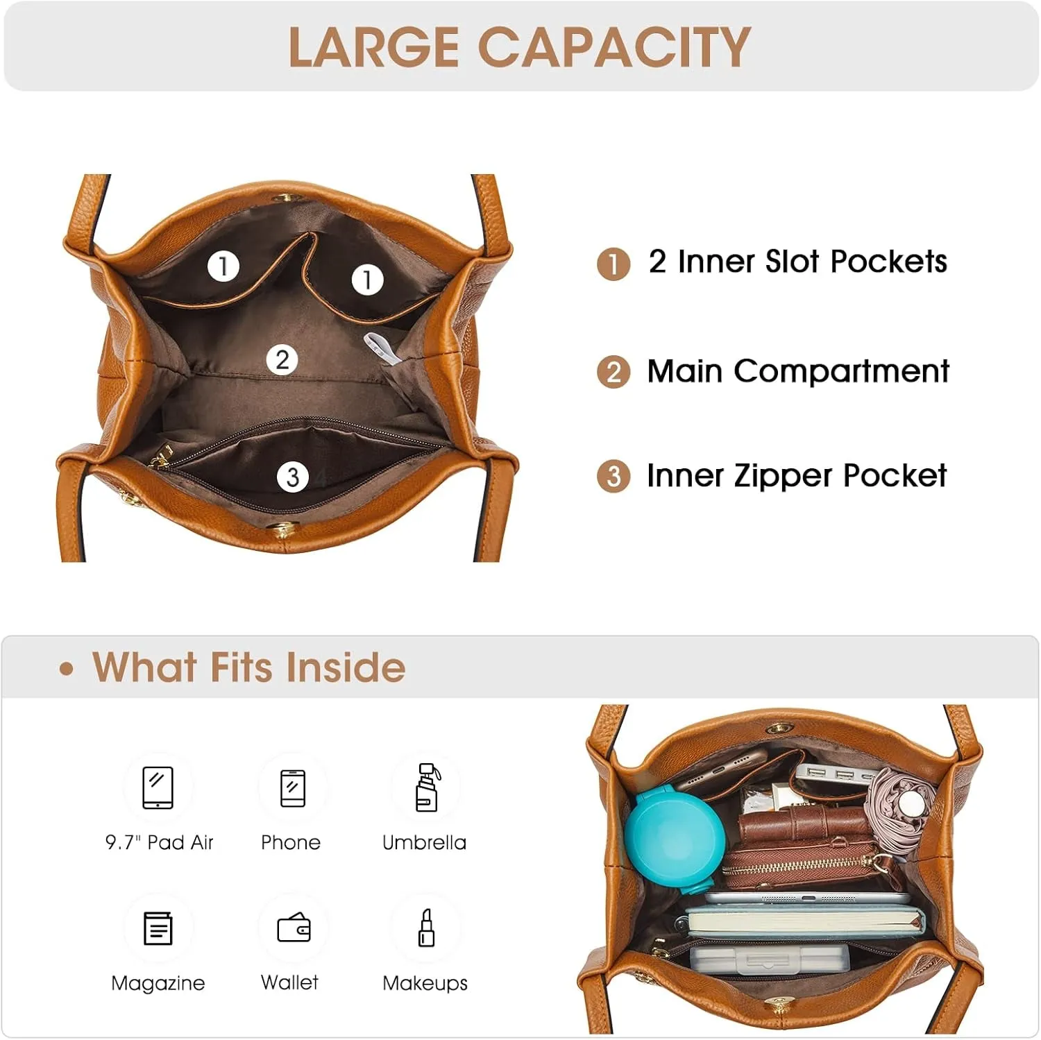 Genuine Leather Handbags for Women, Shoulder Bag with Top Magnetic Snap Closure
