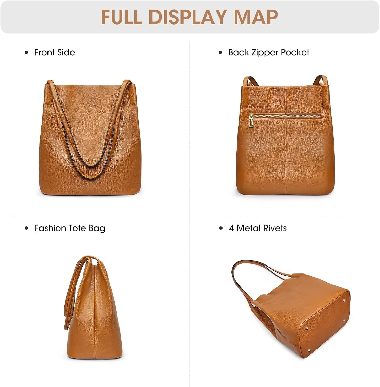 Genuine Leather Handbags for Women, Shoulder Bag with Top Magnetic Snap Closure