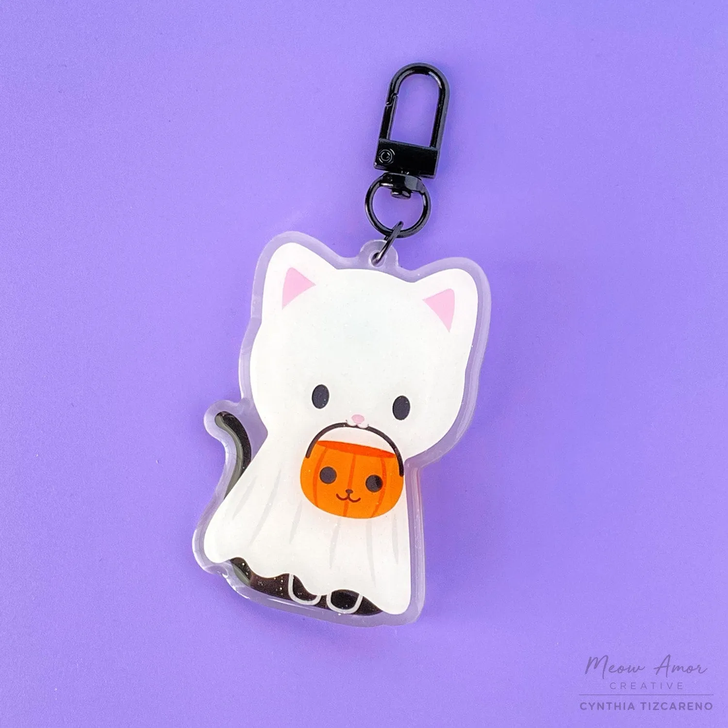Ghost Cat Glitter Acrylic Charm