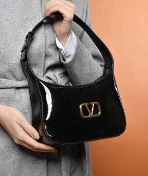 Glossy Leather Shoulder Bag - Black