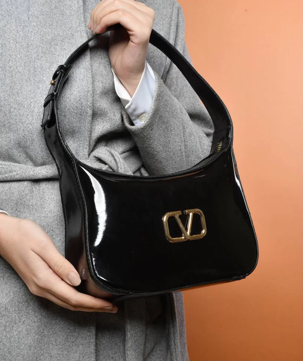 Glossy Leather Shoulder Bag - Black