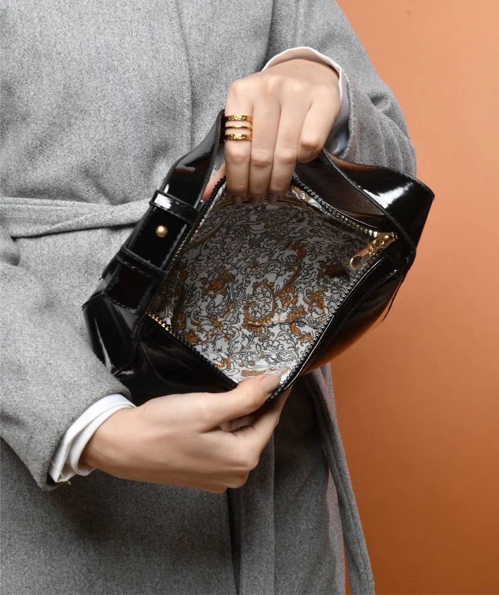Glossy Leather Shoulder Bag - Black
